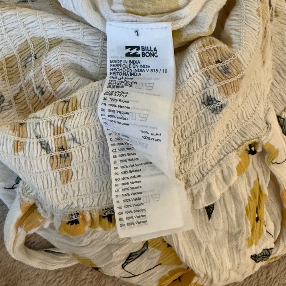 Billabong Womens Yellow Floral Smocked Tie Shoulder Romper White Size Medium - Picture 4 of 7
